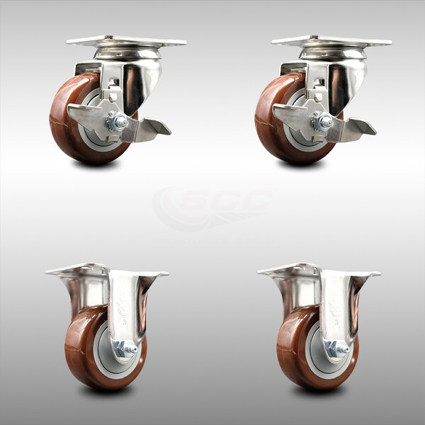 Service Caster 3 Inch 316SS Maroon Polyurethane Swivel Top Plate Caster Brake 2 Rigid SCC, 2PK SCC-SS31620S314-PPUB-MRN-TLB-2-R-2 - main